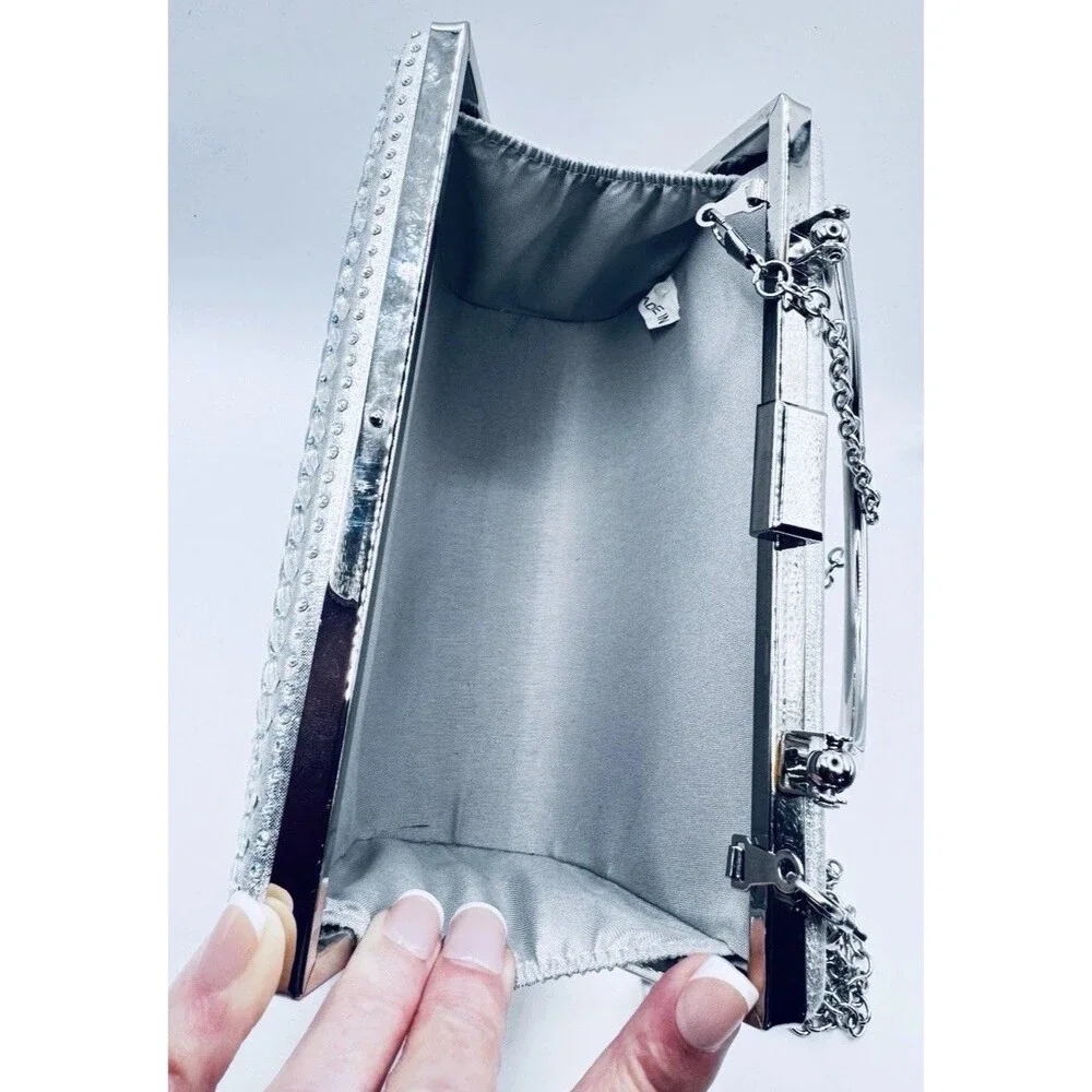 Silver Rhinestone Box Clutch Purse Evening Bag Top Handle Crossbody Chain